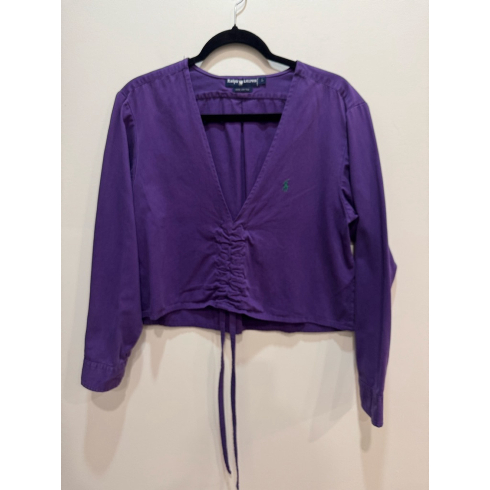 Ralph Lauren Vintage Purple Vneck Cinched Cropped Shirt L Preppy Coquette